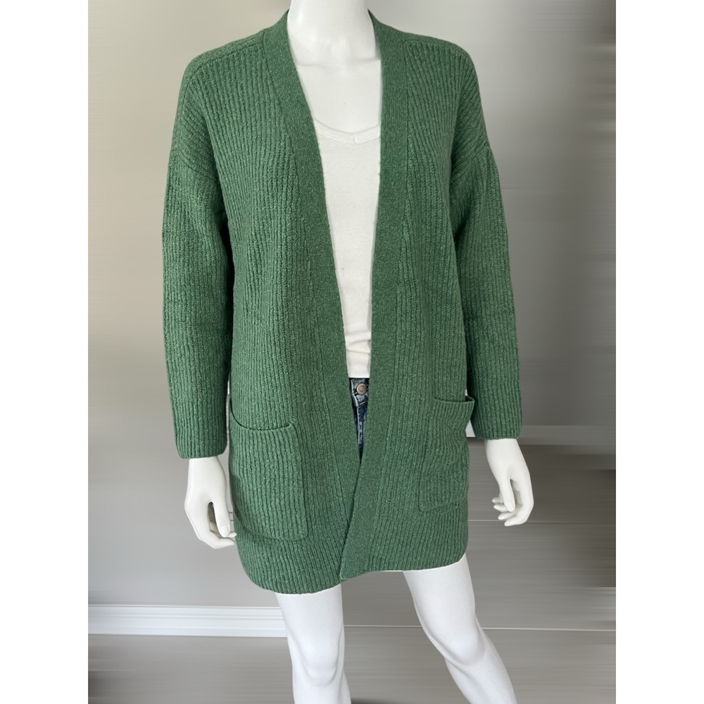 TRES CHIC Gorgeous green ribbed open front part wool cardigan S M L - Picture 3 of 9